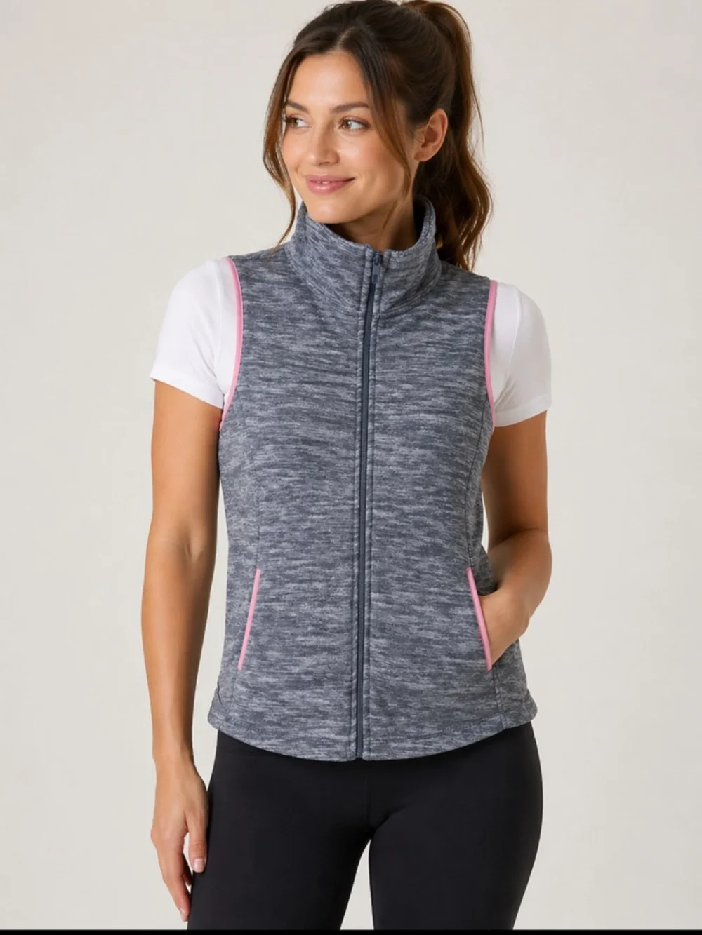 NWT OLD‎ NAVY crop Neck Gray Heathered W Pink Accent Zip Athletic Vest Size XS